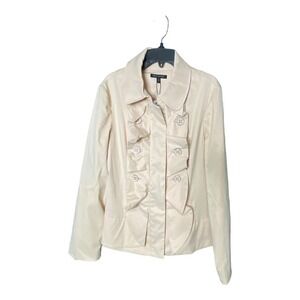 For Cynthia Women's Size Large Zip Up Jacket Beige Short Ruffle Trench Coat NWT